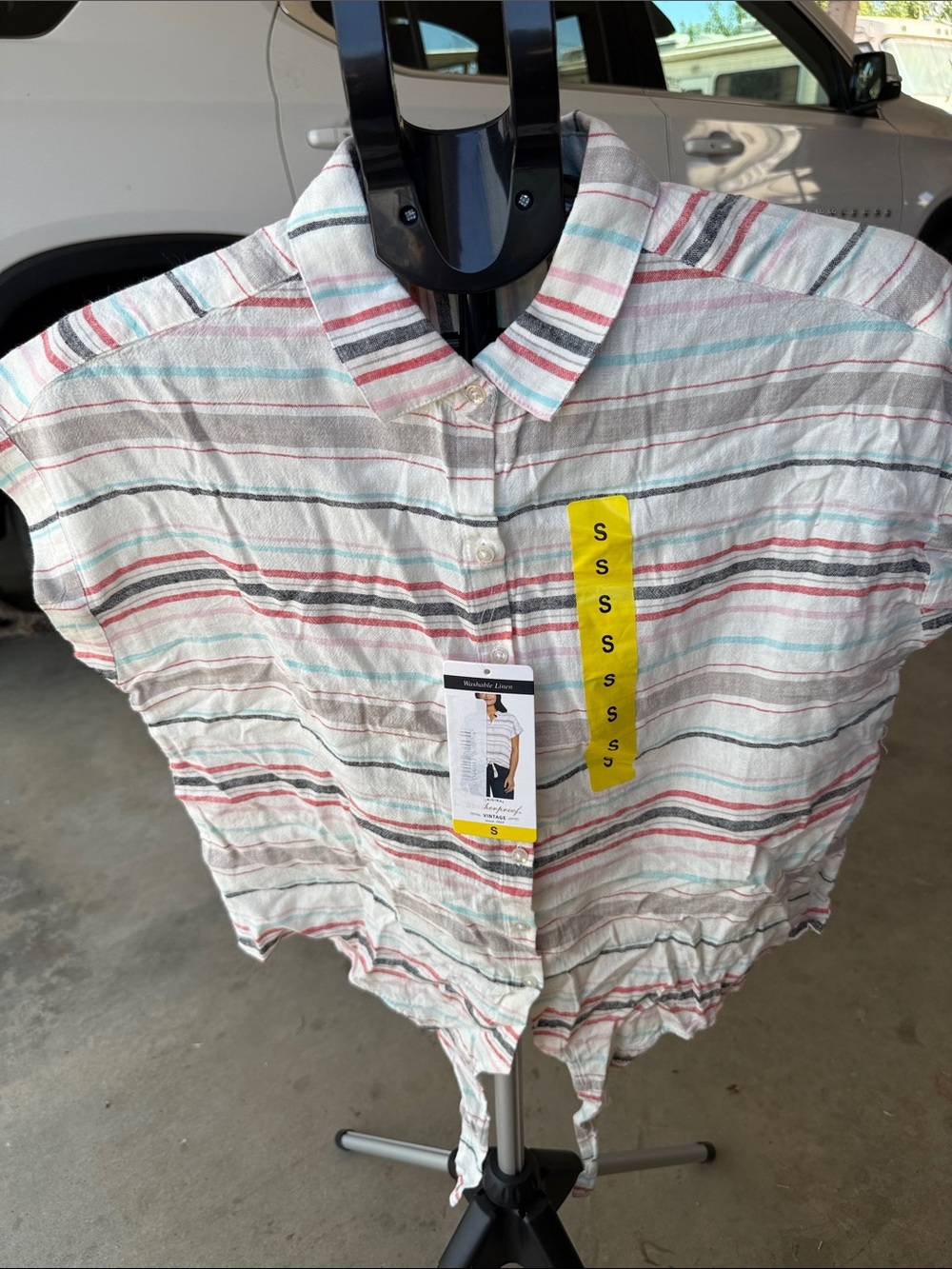 Weatherproof Striped Button-Front Crop Top in White, Red, Teal